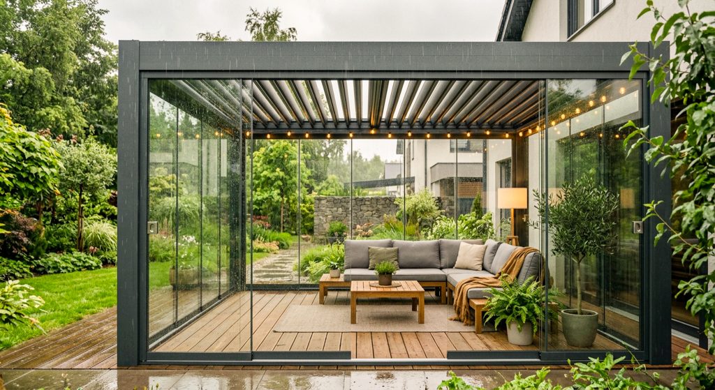Vue intérieure d'une pergola fermée par des baies vitrées coulissantes donnant sur un jardin