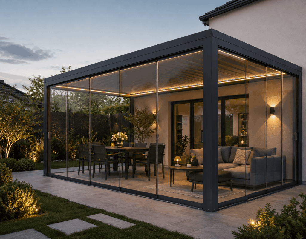 pergolas avec parois vitrées et lumières leds