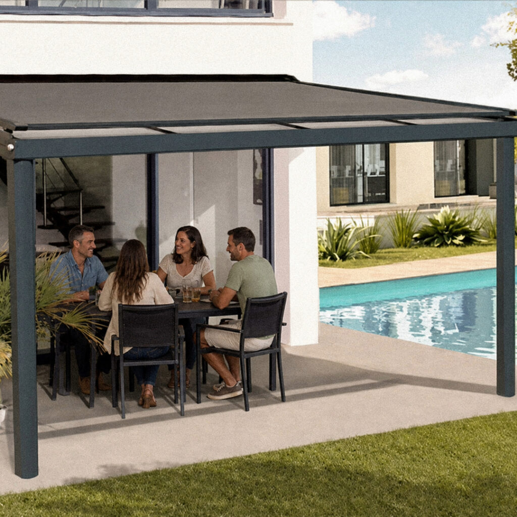 Personnes autour d'une table sous une pergola bioclimatique
