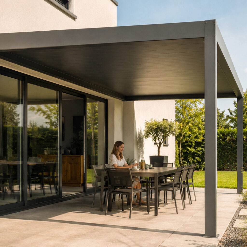 pergola aluminium à toit fixe adossée à la façade d'une maison