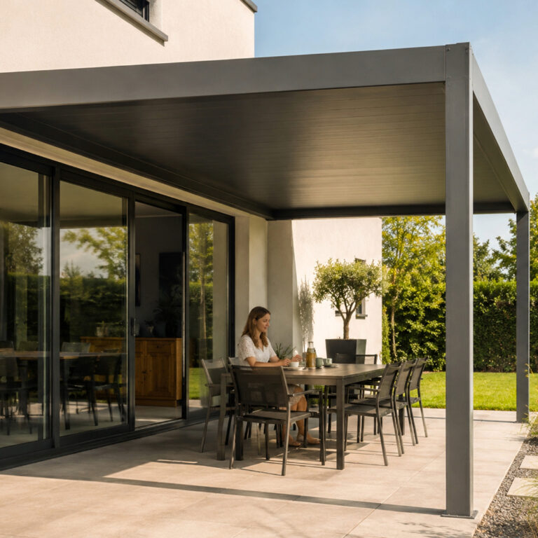 pergola aluminium à toit fixe adossée à la façade d'une maison