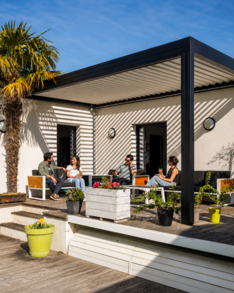 Pergola adossée gris anthracite abritant une grande table de jardin.