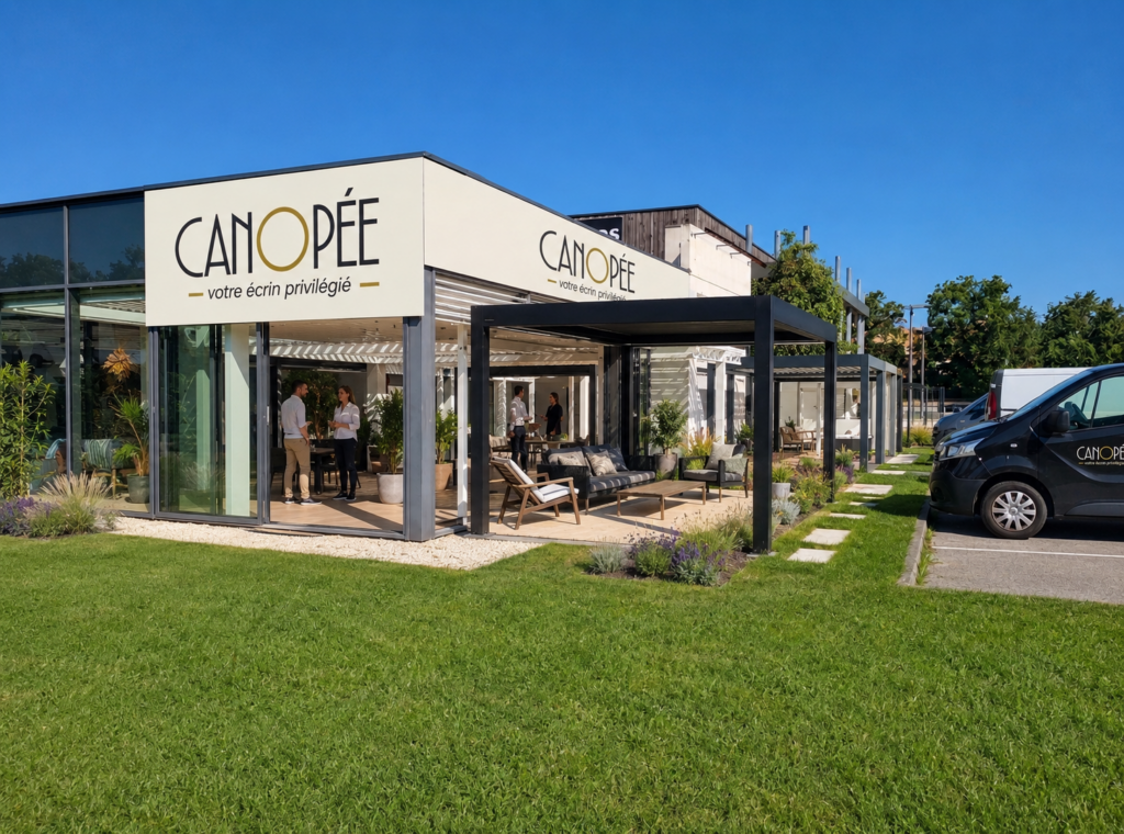 Showroom extérieur Canopée présentant des pergolas et des aménagements de terrasse